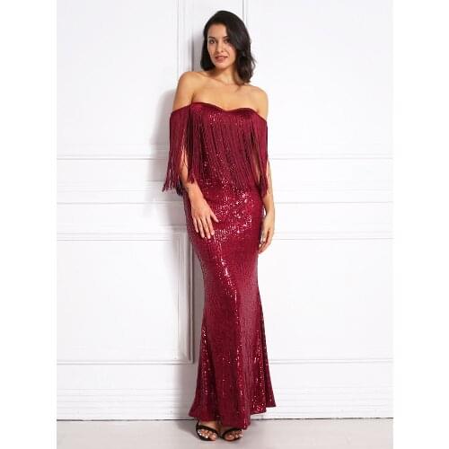 Burgundy Maxi Dress Striped Sequined Patchwork Mesh Tassels Long Dress V Neck Stretchy Party Dress