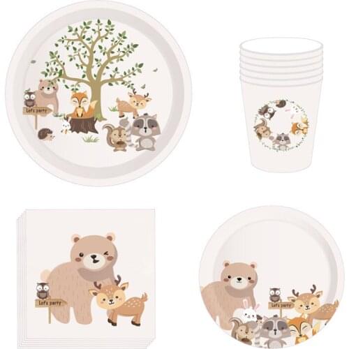 Chicinlife 1Set Woodland Animal Paper Cup Plate Napkin Jungle Animal Baby Shower Happy Birthday Party Decoration Supplies