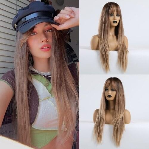 Long Straight Synthetic Wigs With Bangs Brown Wigs for Black Women Natural Daily Wigs Heat Resistant Fiber False Hair