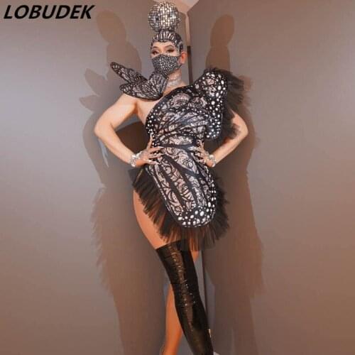Fashion Black Butterfly Bodysuit Skirt Two Pieces Set Sexy Women Prom Party Show Performance Stage Wear Nightclub Singer Costume