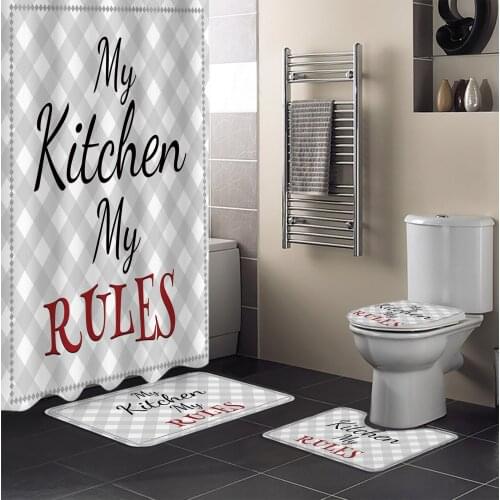 Kitchen Plaid Background Text Shower Curtain Set Toilet Seat Cover Set Bathroom Shower Curtain Set Bath Mats Rugs