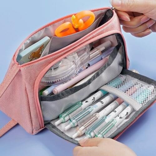 Kawai Double Layer Portable Pencil Case Large Capacity Canvas Pencil Bag Cosmetic Brush Pen Box Pouch Office Supplies Stationery