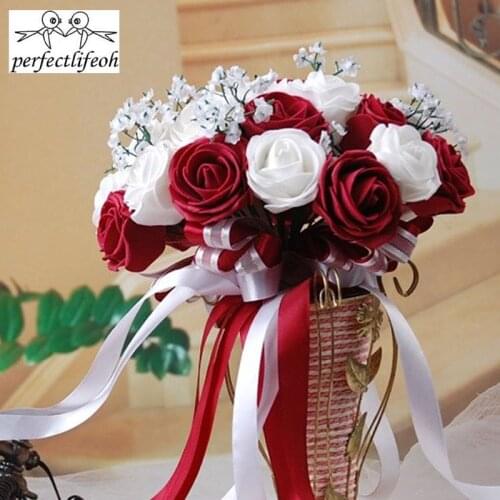 Perfectlifeoh burgundy and wedding bouquets Bridal Bridesmaid Wedding Bouquet Cheap New White&Burgundy/Red Wine Handmade