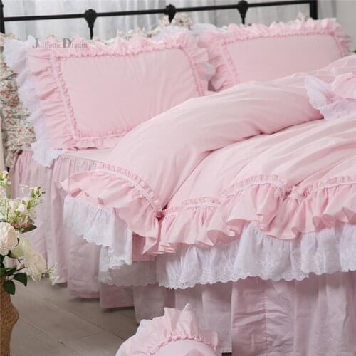 Luxury 100% cotton bedding set Pink princess bedding for queen bed linen Ruffle lace duvet cover skirt bed sheet quilt cover set