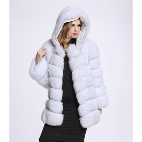 Savabien 2019 Winter Thick Warm Hooded Luxury Faux Fox Fur Coat Furry Soft Elegant Ladies Faux Fur Jacket Black Furs Streetwear