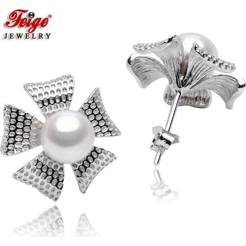 Vintage Flower 925 Sterling Silver 2 Colors Natural Cultured Pearl Stud Earrings for Women Party Gifts Fine Jewelry FEIGE