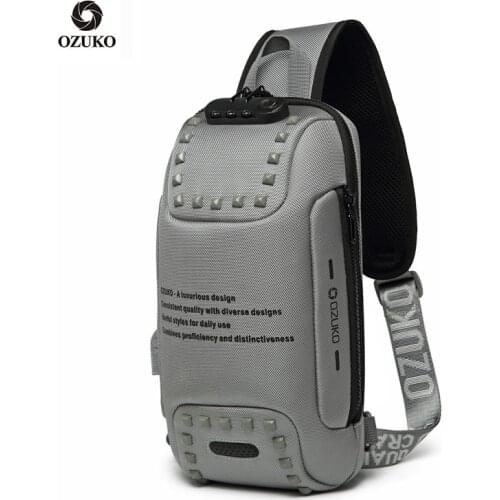 OZUKO Anti Theft Rivet Shoulder Bag for Men USB Charging Waterproof Messenger Crossbody Bag Male Chest Pack Sling Bags Fashion