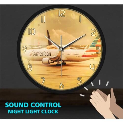 American Airplane Metal Frame Luminous Wall Clocks Commercial Aircraft Plane Modern Design Sound Control Wall Watch Non-Ticking