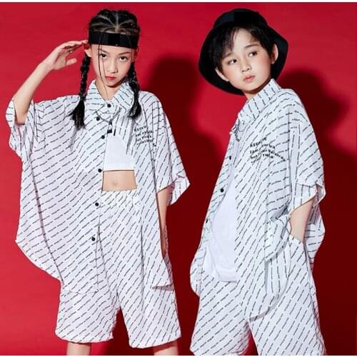 Street Dance Practice Clothing Kids Short Sleeve Jacket Hip Hop Clothes White Suit Boys Girls Jazz Dancing Stage Costume DQL5840