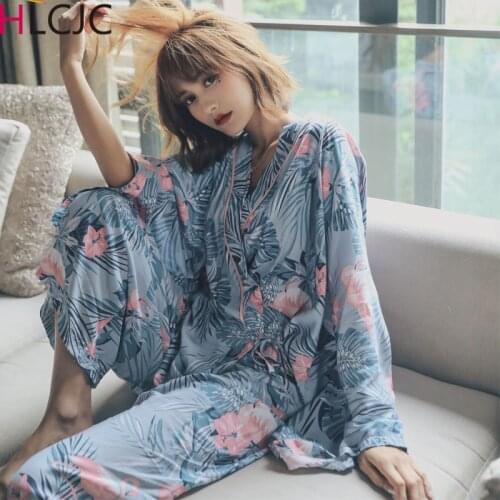 Spring 2020 Girls Pijamas Mujer Flamingo Printing Women Pajamas Sets Long Sleeve Kimono Style Home Wear Serve Lovely Sleepwear