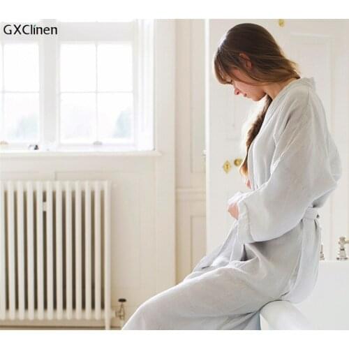 Vintage Linen V-neck Solid Color Long Pajamas Robes Wrist Sleeve Natural Flax Robe Bathrobe Homme Nightgown For Men And Women