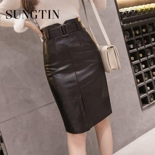 Sungtin Casual Office Lady Bodycon Faux Leather Skirt Women Split High Waist PU Skirt Female Retro Pencil Skirt Sashes Fashion