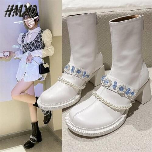 HMXO Martin Boots Female Autumn Single Shoes Back Zipper Round Head Boots Thick Heel Retro Rhinestone Ice Flower Short Boots