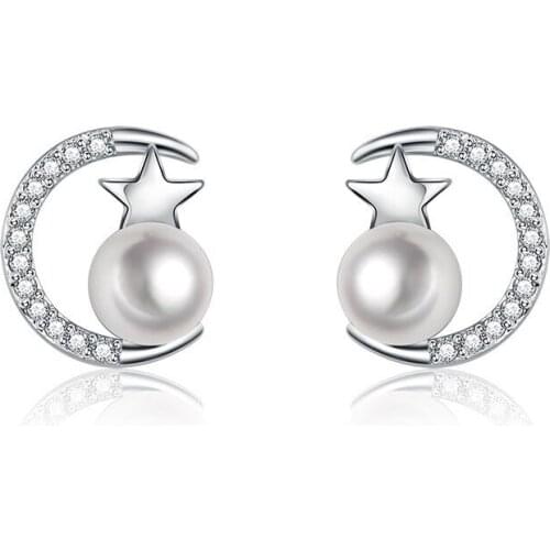 Stud Earring Moon Star Trendy Shiny Zircon Pearl 925 Sterling Silver Earrings for Women Wholesale Jewelry 2020 New