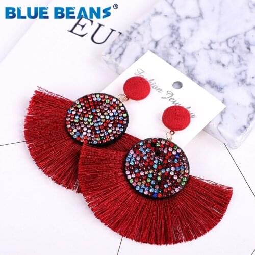 Rhinestone earrings handmade women tassel bohemian statement luxury long crystal earring geometric fringe big ethnic tassle 2019