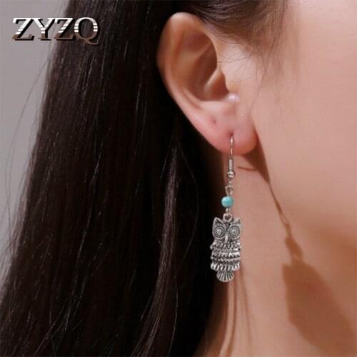 ZYZQ Vintage Women Earrings Special Animal Owl Pendant Classic Silver Plated Personality Long Stylish Earring With Cute Stone