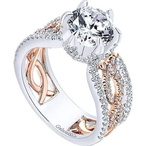 Milangirl Classic Two-Tone Flower Full Crystal Zircon Rose Grid Ring for Women Engagement Wedding Party Rings Jewelry Size 5-11