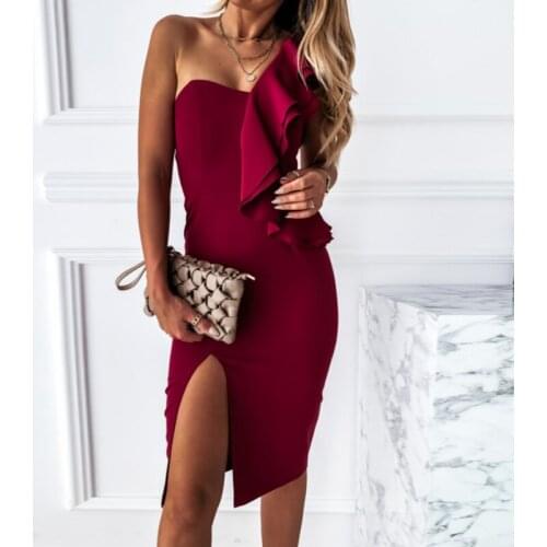 Sexy One Shoulder Ruffles Women Party Ball Dress Elegant Solid Sleeveless Pullover Lady Slit Dress Summer Femme Dinner Vestido