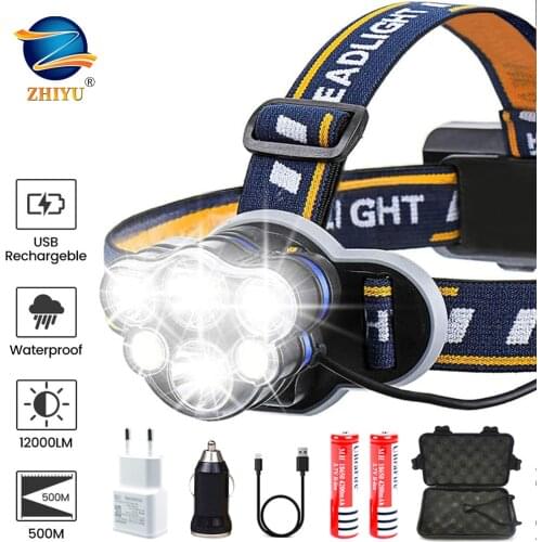 ZHIYU Waterproof Rechargeable LED Headlamp,6 LED 8 Modes USB Rechargeable HeadLight Use 2 Batteries,for Camping,Fishing,Outdoors