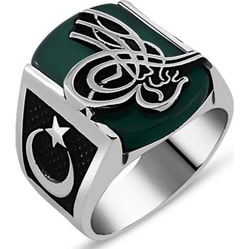 925 Sterling Silver Green Agate Stone Tuğralı Ring