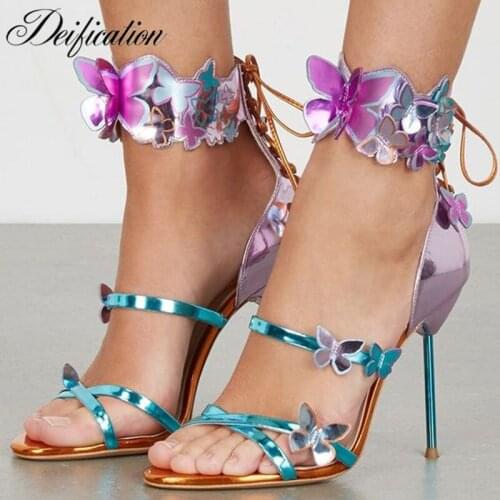 Deification Chic Back Lace-Up Outfit Woman Pumps High Heel Gladiator Sandals Ankle Strap Butterfly Appliques Party Wedding Shoes