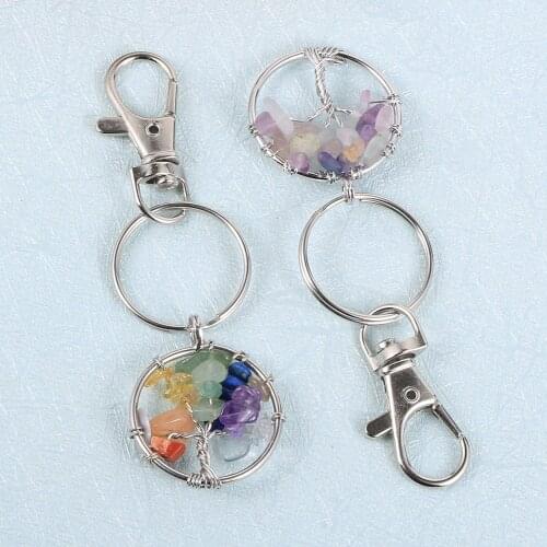 Reiki Tree Of Life Pendant Keychain Copper Wire Wrap Chip Gravel Tree Car Bag Key Chian Natural Stone Keyholder for Men Women