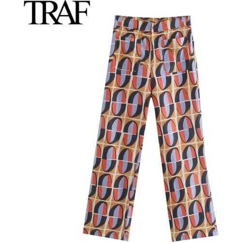 Traf Za Streetwear Women Clothes Vintage Geometric Printed High Waist Wide Leg Pants Korean Fashion Chic Trousers Mujer