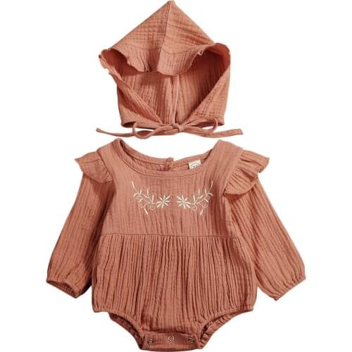 Boutique Kid Bodysuit Newborn Baby Girl Cotton&Linen Clothes Ruffle Long Sleeve Bodysuits Jumpsuit Hat 2PCS Outfit