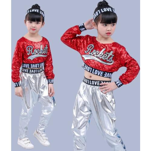 Red Girl Jazz Dance Children Sequin Hip Hop Dance Costume Sparkly Stage Jazz Dance Costumes Suit Girls Crop Top and Pants