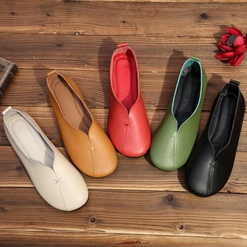 Gloves shoes genuine leather flats round toe sewing slip on loafers women comfy anti-slip working shoes cowhide moccasin women