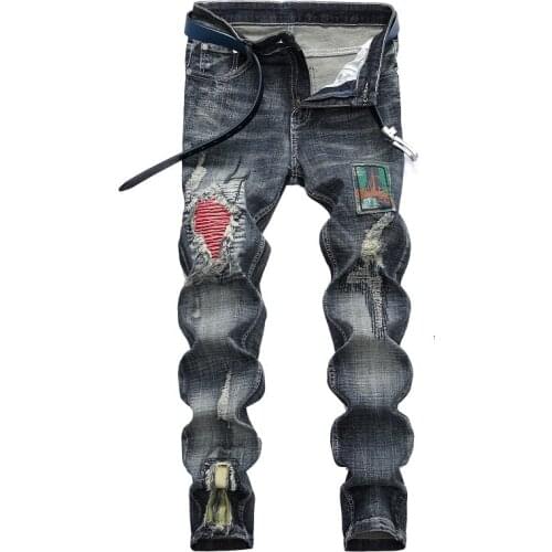2020 New Winter Mens Jeans Patchwork Ripped Denim Cotton Pants Men Straight Slim Biker jeans Hole Hiphop Streetwear Hombre 28-42