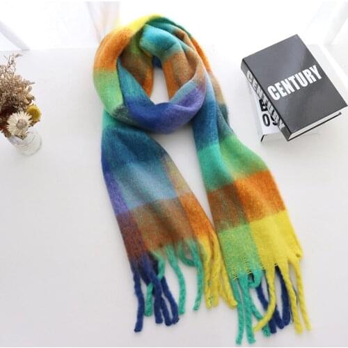 2021 New Women Plaid Scarf Winter Pashmina Shawls Cashmere Thick Wraps Lady Tassel Warm Scarves Rainbow Hairy Bufanda