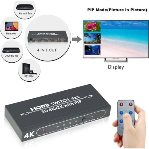 Aikexin 4 Port 4x1 HDMI Switch Ultra HD 4K HDMI 1.4 4 In 1 Out Switcher Box With PIP IR Control For PS4 TV HDTV HDMI Adapter