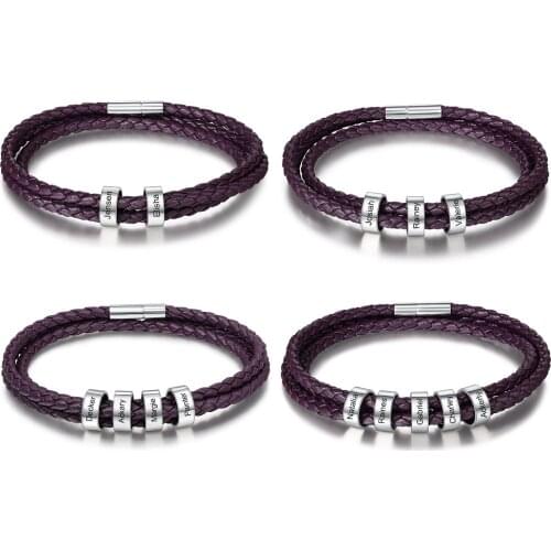Personalized Braided Rope Bracelet with Stainless Steel Beads Custom Engraved Family Name Bracelets & Bangles for Women Men