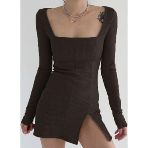 Sexy Square-Neck Split Dress Slim Bag Hip Short Skirt Base Skirt