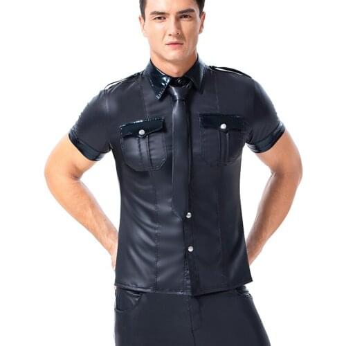 Sexy Black Faux Leather Shirt Wet Look Stretch Undershirt Latex Novelty Short Sleeve Buttons Uniform Clubwear Stage Costume