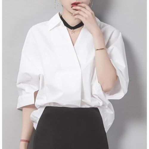 Loose Women White Shirts Summer New Design 2021 Half Sleeved Loose Elegant Office Lady Outwear Tops