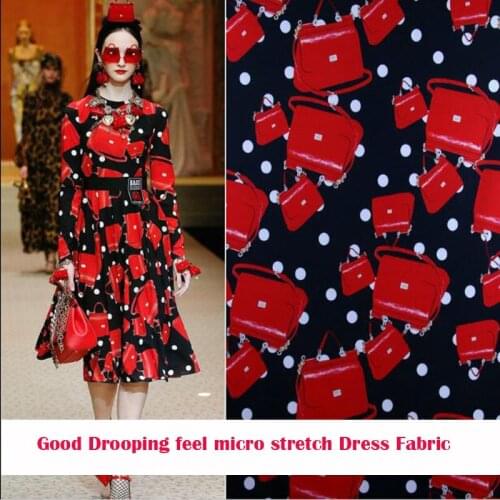 Good Drooping Feel Micro Stretch Dress Fabric Red Bags Dots Printed Fabric Patchwork Sewing Material Diy Girl Dress wide 145cm