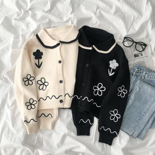 Knitted Cardigan Womens Sweater Embroidered Flower Short Spring and Autumn Doll Collar Korean Style Slim Cute