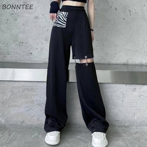 Women Pants High Waist Wide Leg Street Style Trousers Hollow Out Pantalon with Chain Joggers Patchwork Pockets All-match Punk