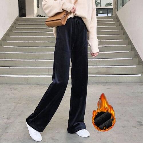 2020 Women Straight Pants Winter Lambskin Cashmere Pants Warm Female Casual Pants Lined Fleece Trousers Autumn Wide Leg Pants