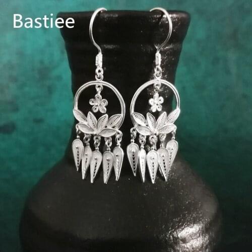 Bastiee 999 Sterling Silver Earring For Women Hmong Earing Lotus Flower Tassels Ethnic Vintage Luxury Jewelry Miao Silver