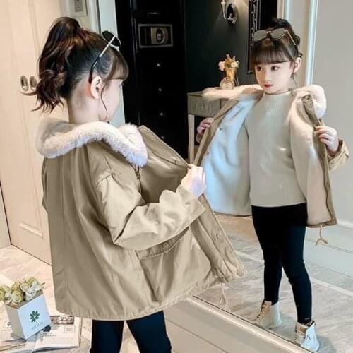 Winter Polyester Fiber Girl Coat Korean Version Fashion Plus Fleece Thicken Jacket Solid Color Casual Childrens Cotton Overcoat