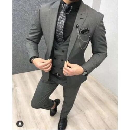 2021 Latest Design Dark Grey Business Wedding Groom Mens Suits Custom Made Prom Tuxedo Terno Men Suit 3 Pieces(Jacket+Pant+Vest)