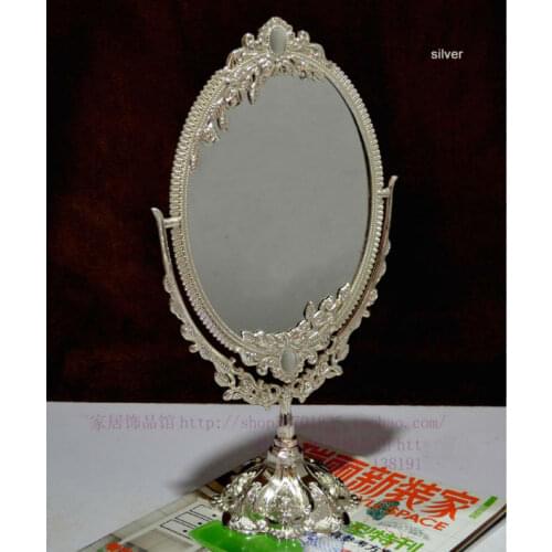 Antique double face silver alloy metal makeup dressing table desktop standing cosmetic mirror embossed frame makeup tool 330A