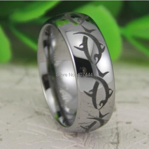 Free Shipping USA UK Canada Russia Brazil Hot Sale 8MM Silver Dome Maori Whale Tribal Fish The New Mens Tungsten Carbide Ring