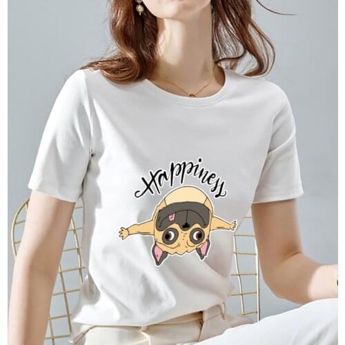 T-shirt Female Casual Cute Happy Puppy Pattern Printing Self-cultivation All-match Commuter O-neck Comfortable Sweet White Shirt