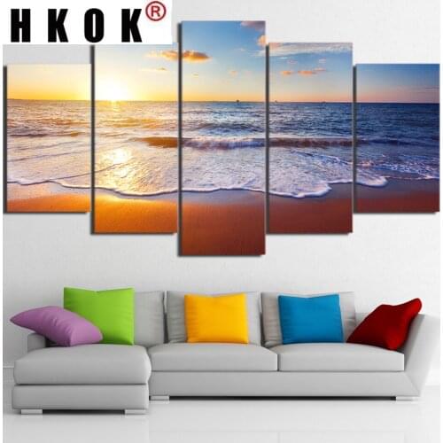HKOK 5 Panels Sea Beach Sunset Landscape Modern Wall Art Poster Living Room Canvas Print Modular Realist HD Picture Home Decor