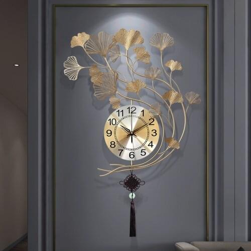 Chinese Wrought Iron Gold Gnkgo Leaf Wall Clocks Wall Mural Home Livingroom Wall Hanging Ornament Crafts Wall Sticker Decoration
