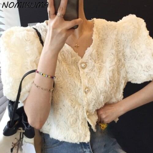 Nomikuma Lace Floral Blouse Shirt Elegant Puff Sleeve V-neck Womens Tops New Korean Elegant Short Blusas Camisas De Mujer 6J931